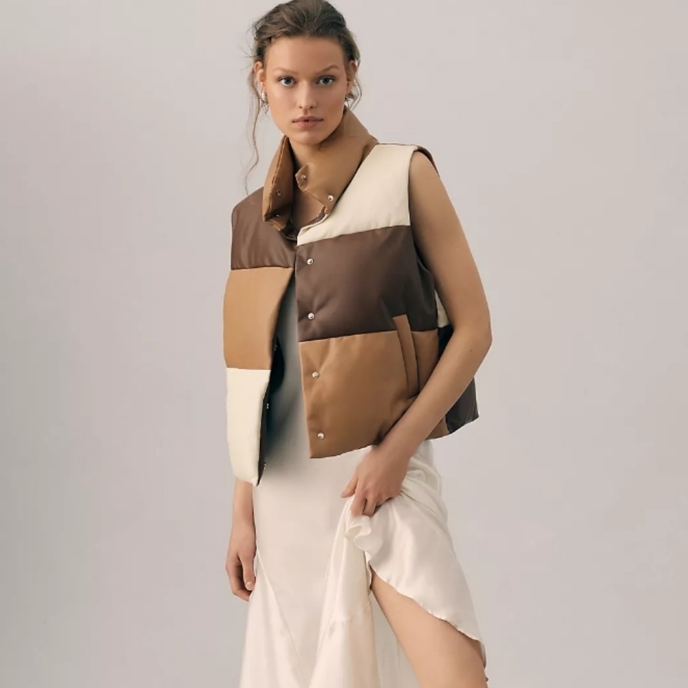 Anthropologie Faux Leather Colorblock Puffer Vest Brown Women's Small